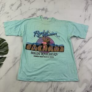Poly Tees Vintage 80s Mens Royal Hawaiian Bikini Watchers Graphic Size L Teal